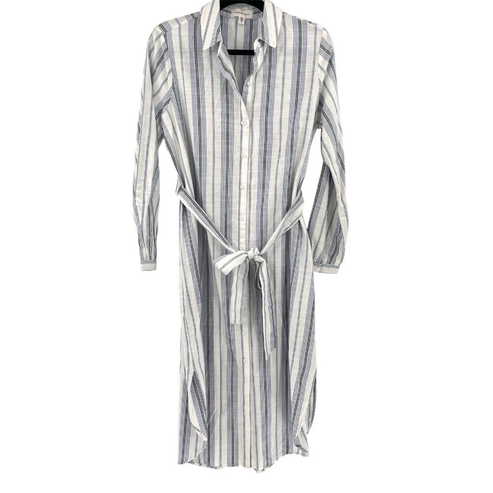 CLOTH & STONE Women's White Blue Stripe Lone Sleeve Belted Shirt Dress Medium